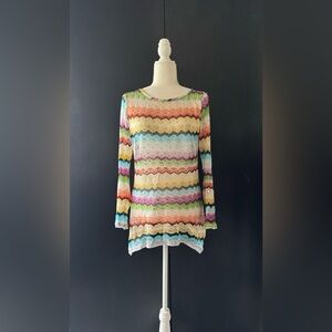 MISSONI Multicolor Zip Zag Crochet Long Sleeve Mini Tunic Beach Cover Up Dress L